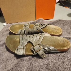 Silver and Tan Strappy Sandals